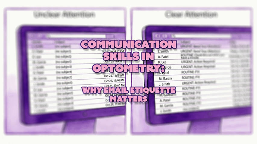 A digraph of two computer screens with a blurred effect to them both. In the centre the title reads: Communication Skills in Optometry: WHy Email Etiquette Still Matters